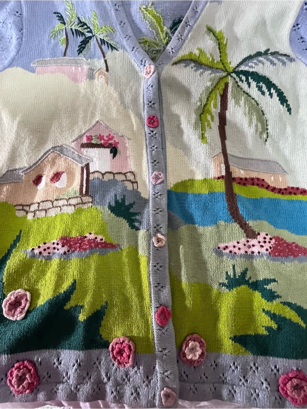 VTG/Y2K/90s Storybook Knits For HSN Beaded | SZ 1X | Rare!! Theme:Vacation Spa🌴 - Picture 5 of 16